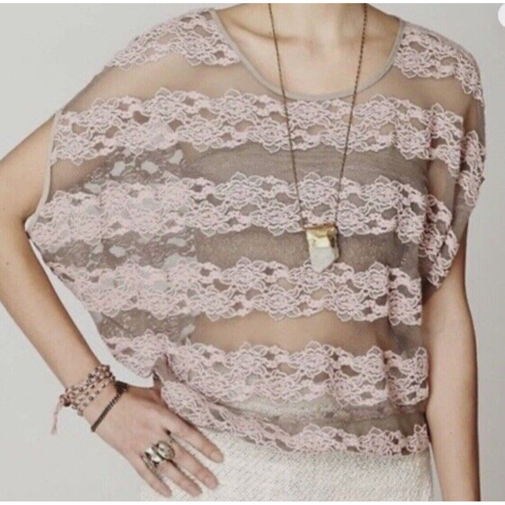 Free People Blouse Women XS Mesh Lace Banded Hem Dolman Sleeve Boho‎ Hippie Pink